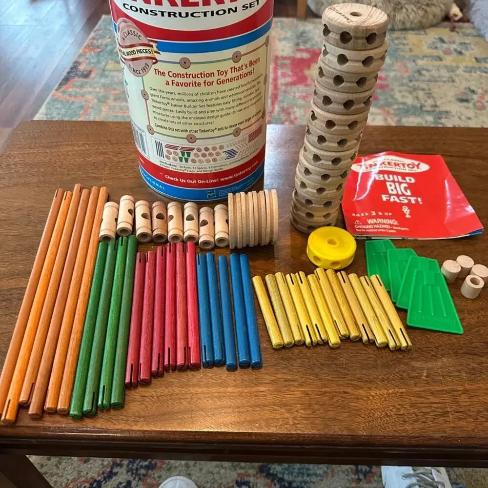 Vintage Tinkertoy Junior Builder Set Incomplete Wood Pieces Tin Guide Kidcore